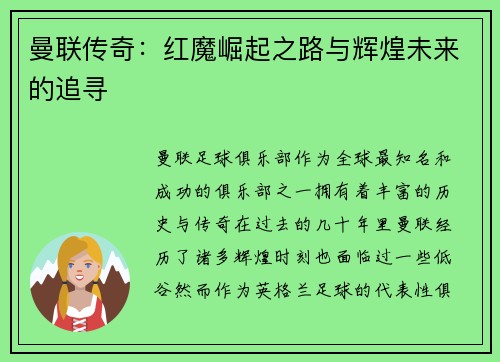 曼联传奇：红魔崛起之路与辉煌未来的追寻
