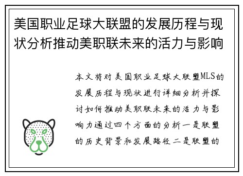 美国职业足球大联盟的发展历程与现状分析推动美职联未来的活力与影响力 美国职业足球大联盟的发展历程与现状分析推动美职联未来的活力与影响力