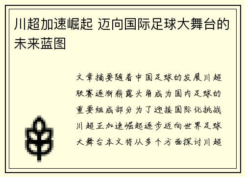 川超加速崛起 迈向国际足球大舞台的未来蓝图 川超加速崛起 迈向国际足球大舞台的未来蓝图