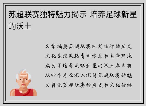 苏超联赛独特魅力揭示 培养足球新星的沃土 苏超联赛独特魅力揭示 培养足球新星的沃土