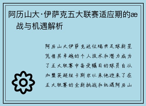 阿历山大·伊萨克五大联赛适应期的挑战与机遇解析 阿历山大·伊萨克五大联赛适应期的挑战与机遇解析
